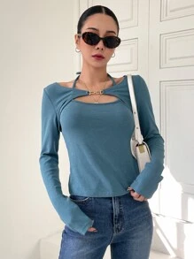 DAZY Chain Detail Cut Out Front Halter Neck Tee - Blue - View 4