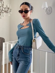 DAZY Chain Detail Cut Out Front Halter Neck Tee - Blue - View 5