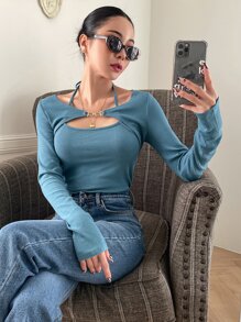DAZY Chain Detail Cut Out Front Halter Neck Tee - Blue - View 7