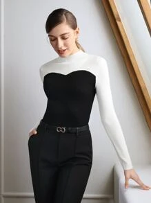 MOTF PREMIUM Áo len nữ Gân đan Khối Màu Giải trí - Đen và trắng - Xem 8