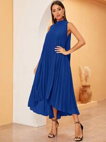 Modelyn High Low Hem Pleated Swing Dress - Royal Blue - View 4
