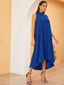 Modelyn High Low Hem Pleated Swing Dress - Royal Blue - View 5