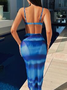 Swim SXY Summer Beach Tie Dye Bikini Set Underwire Bra & Bikini & Lettuce Trim Tie Front Beach Skirt 3 Piece Bathing Suit