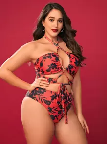 Bộ Bikini Plus Size Allover in hoa Criss Cross kèm váy đi biển Bãi biển mùa hè - Nhiều màu - Xem 3