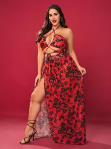 Bộ Bikini Plus Size Allover in hoa Criss Cross kèm váy đi biển Bãi biển mùa hè - Nhiều màu - Xem 4