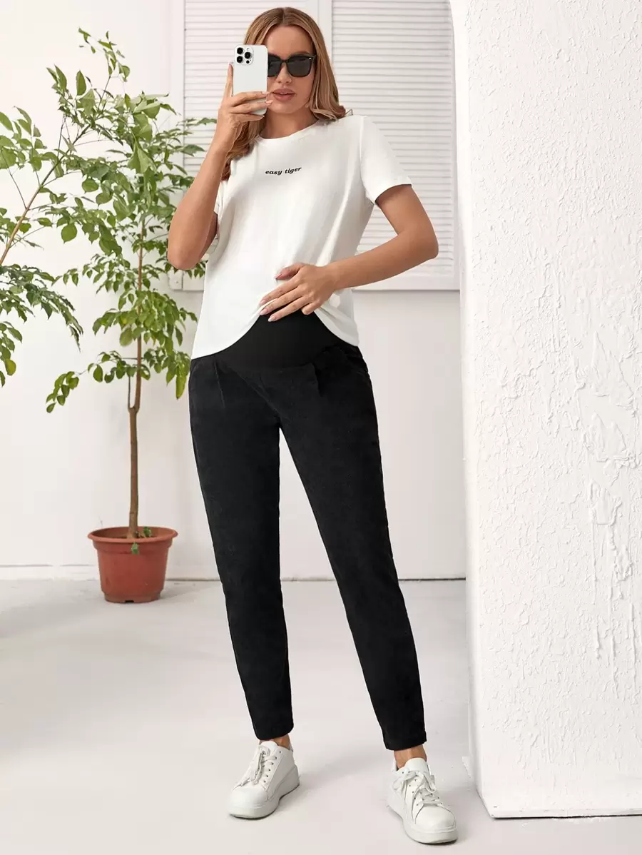 SHEIN Maternity Fold Pleated Adjustable Waist Solid Pants