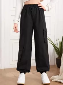 SHEIN 青少女休閒純色翻邊口袋慢跑貨物長褲 - 黑色 - 查看 1