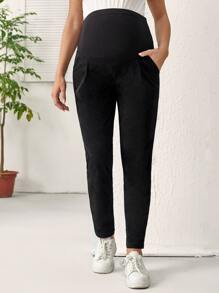 SHEIN Maternity Fold Pleated Adjustable Waist Solid Pants