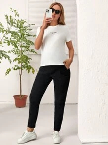 SHEIN Maternity Fold Pleated Adjustable Waist Solid Pants