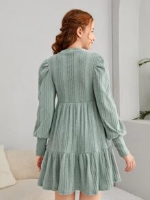 SHEIN Teen Girls Puff Sleeve Ruffle Hem Thermal Dress - Mint Green - View 2