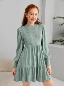 SHEIN Teen Girls Puff Sleeve Ruffle Hem Thermal Dress - Mint Green - View 3