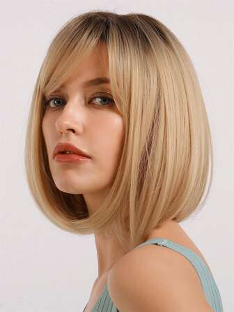 HAIRCUBE Haircube 14 بوصة شعر شقراء قصير مستقيم مع اطراف جانبية مع شعر الجذر الداكن مجعد باروكات اصطناعية مقاومة للحرارة للاستخدام اليومي والحفلات باروكة
