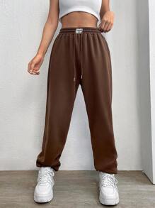 SHEIN EZwear Letter Patched Drawstring Waist Joggers - Coffee Brown - View 1