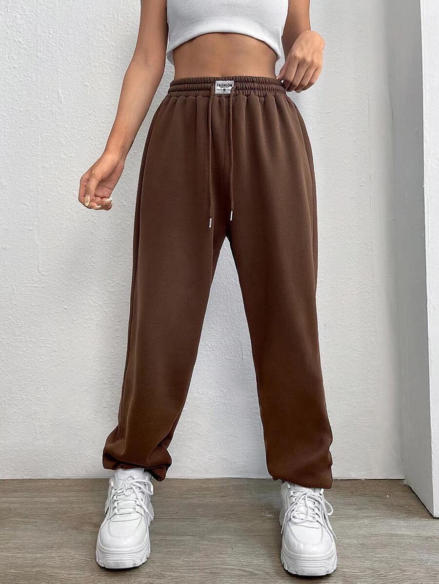 SHEIN EZwear Letter Patched Drawstring Waist Joggers - Coffee Brown - View 1