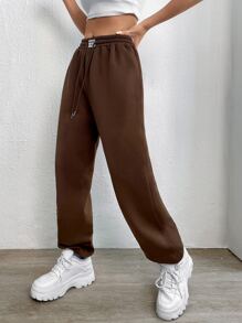 SHEIN EZwear Letter Patched Drawstring Waist Joggers - Coffee Brown - View 3