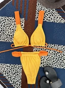 Micro Triangle Thong Summer Beach Bikini Set - Yellow - View 3