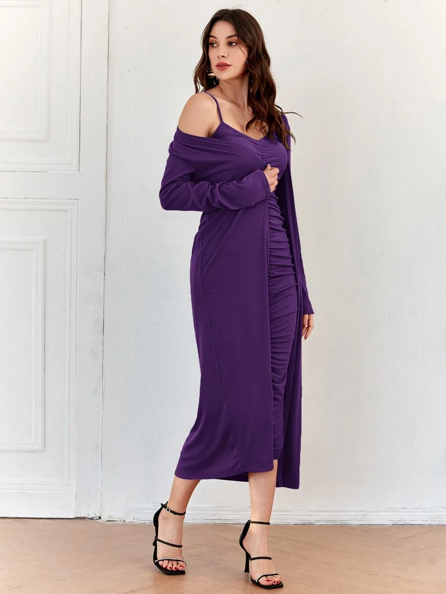 Seusyu Open Front Coat & Ruched Bodycon Dress - Purple - View 1