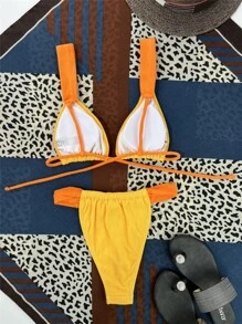 Micro Triangle Thong Summer Beach Bikini Set - Yellow - View 4