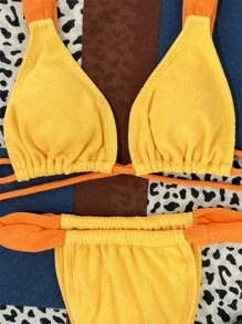 Micro Triangle Thong Summer Beach Bikini Set - Yellow - View 5