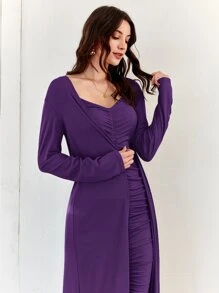 Seusyu Open Front Coat & Ruched Bodycon Dress - Purple - View 4