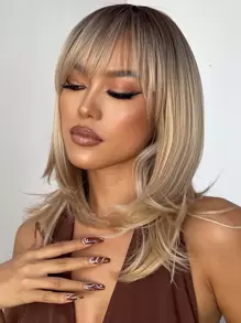 HAIRCUBE 20 Inch Long Ombre Brown Blond And Pink  Wigs With Bangs, Long Natural Curly Layered Synthetic Hair For Women Synthetic Heat-Resistant Wig For Daily And Party. - Multicolor - View 5