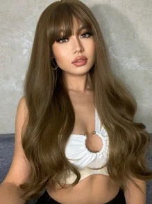 HAIRCUBE 28 英寸长棕色假发，带刘海，卷发，合成假发，女士假发，适合派对日常使用 - 棕色 - 查看 2