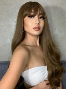 HAIRCUBE 28 英寸长棕色假发，带刘海，卷发，合成假发，女士假发，适合派对日常使用 - 棕色 - 查看 3