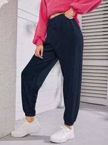 SHEIN EZwear Solid Drawstring Waist Sweatpants - Navy Blue - View 1