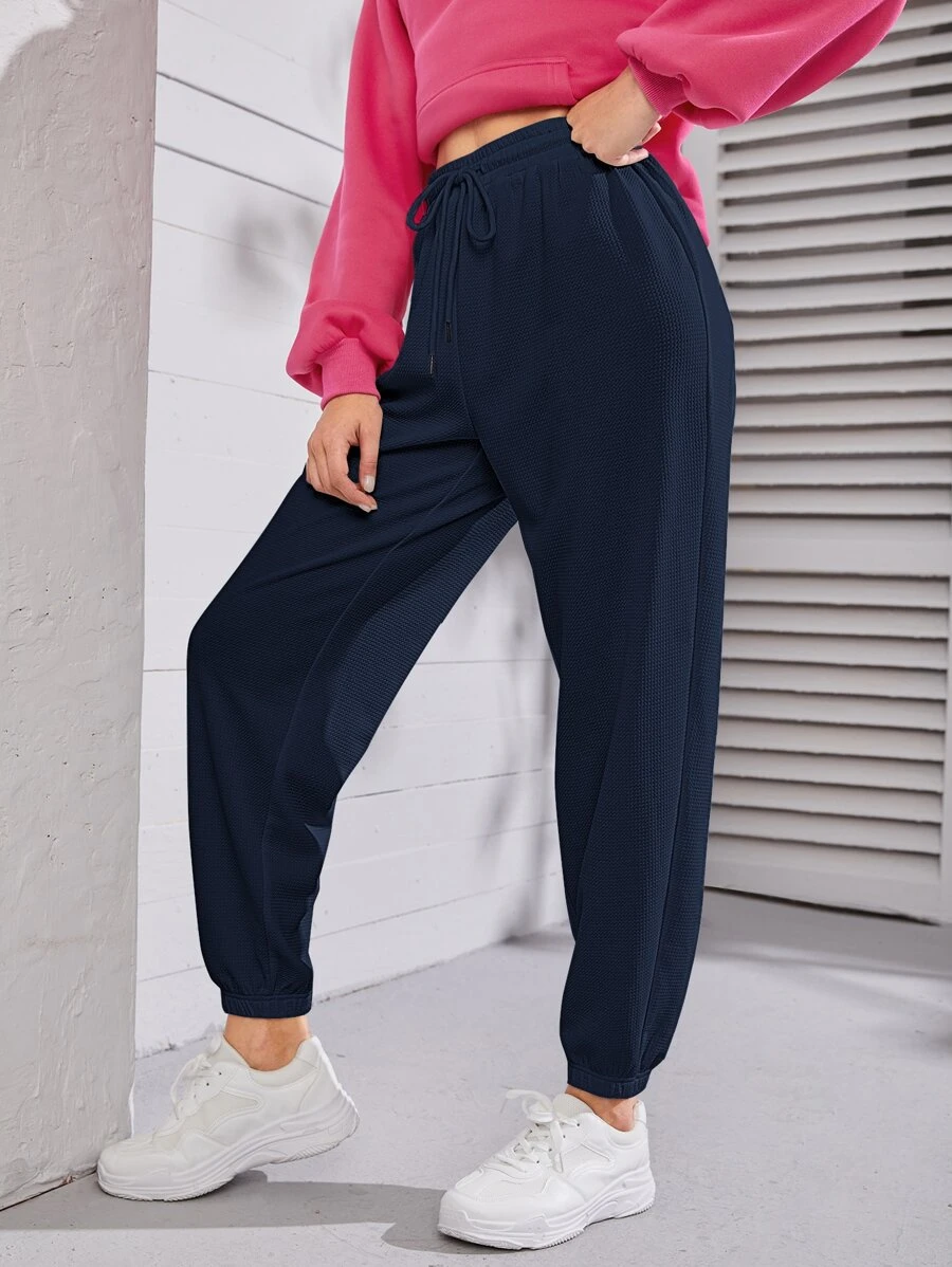 SHEIN EZwear Solid Drawstring Waist Sweatpants - Navy Blue - View 1