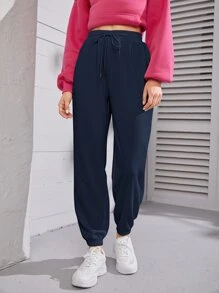 SHEIN EZwear Solid Drawstring Waist Sweatpants - Navy Blue - View 3