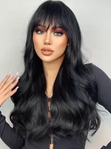 High Quality Black 26-Inch Long Curly Natural Wave Wig Curly Synthetic Wig With Bangs Perfect For Everyday Use At Birthday And Holiday Parties - Black - View 2