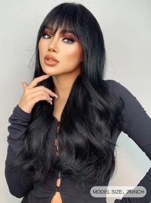 High Quality Black 26-Inch Long Curly Natural Wave Wig Curly Synthetic Wig With Bangs Perfect For Everyday Use At Birthday And Holiday Parties - Black - View 6