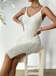 SHEIN Essnce Cable Knit Cami Jumper Dress - White - View 2