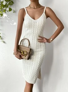 SHEIN Essnce Cable Knit Cami Jumper Dress - White - View 5