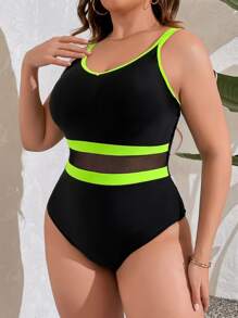 SHEIN Swim Curve Summer Beach Plus Contrast Binding Mesh Insert One Piece Swimsuit - Black - View 1