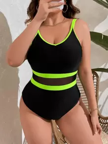 SHEIN Swim Curve Summer Beach Plus Contrast Binding Mesh Insert One Piece Swimsuit - Black - View 5
