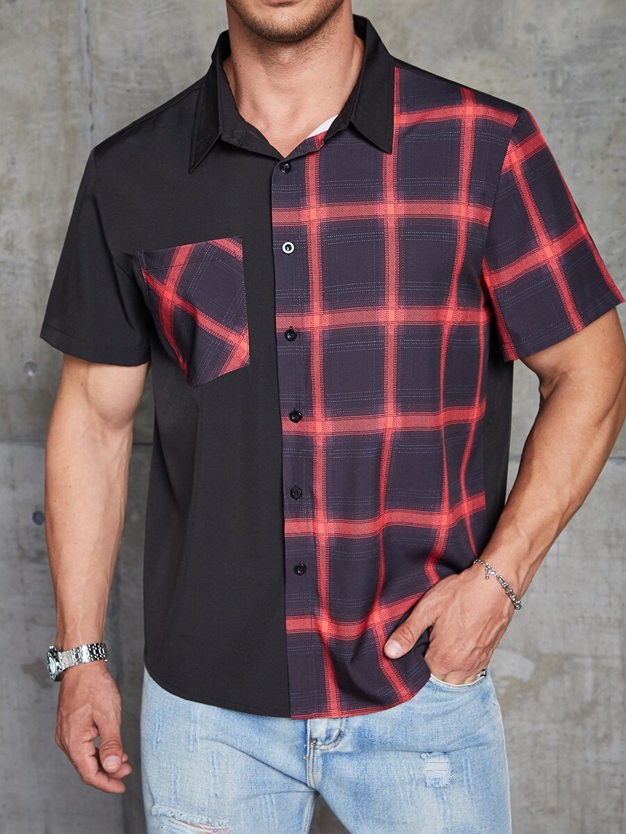Manfinity Men Plus Plaid Print Pocket Patched Shirt - Black - View 1