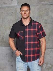 Manfinity Men Plus Plaid Print Pocket Patched Shirt - Black - View 3