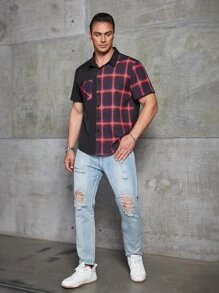 Manfinity Men Plus Plaid Print Pocket Patched Shirt - Black - View 5