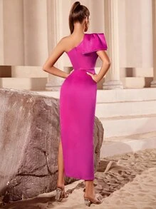 ADYCE One Shoulder Split Thigh Satin Bodycon Dress - Hot Pink - View 2