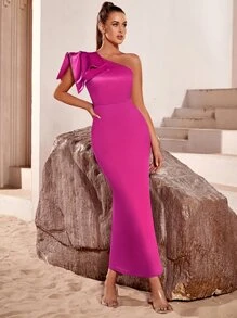 ADYCE One Shoulder Split Thigh Satin Bodycon Dress - Hot Pink - View 5