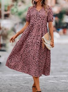 SHEIN Clasi Dalmatian Print Puff Sleeve Ruffle Hem Smock Dress - Pink - View 3
