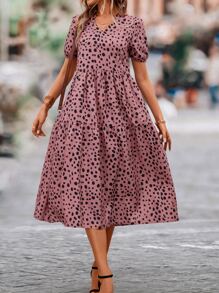 SHEIN Clasi Dalmatian Print Puff Sleeve Ruffle Hem Smock Dress - Pink - View 5