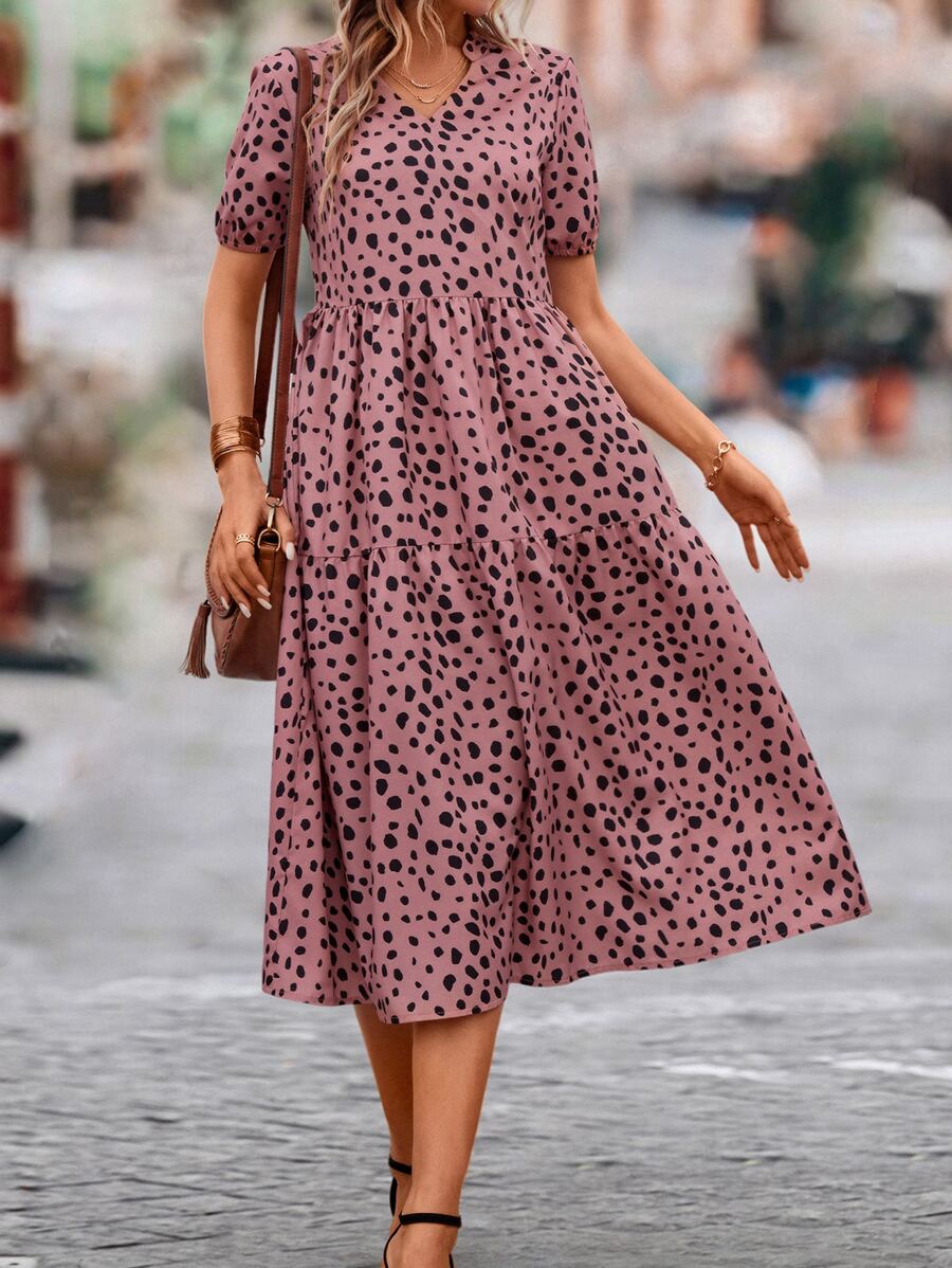 SHEIN Clasi Dalmatian Print Puff Sleeve Ruffle Hem Smock Dress - Pink - View 1