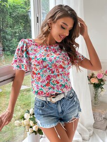 SHEIN VCAY Allover Floral Print Butterfly Sleeve Blouse - White - View 3