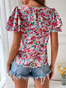 SHEIN VCAY Allover Floral Print Butterfly Sleeve Blouse - White - View 2