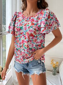 SHEIN VCAY Allover Floral Print Butterfly Sleeve Blouse - White - View 5