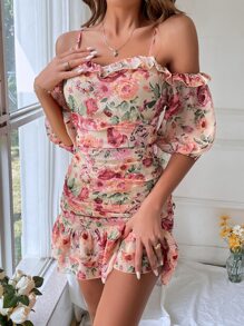 SHEIN VCAY 印花挖肩荷葉邊連衣裙 - 彩色 - 查看 5