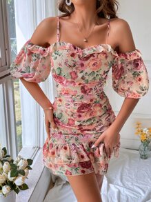 SHEIN VCAY 印花挖肩荷葉邊連衣裙 - 彩色 - 查看 6