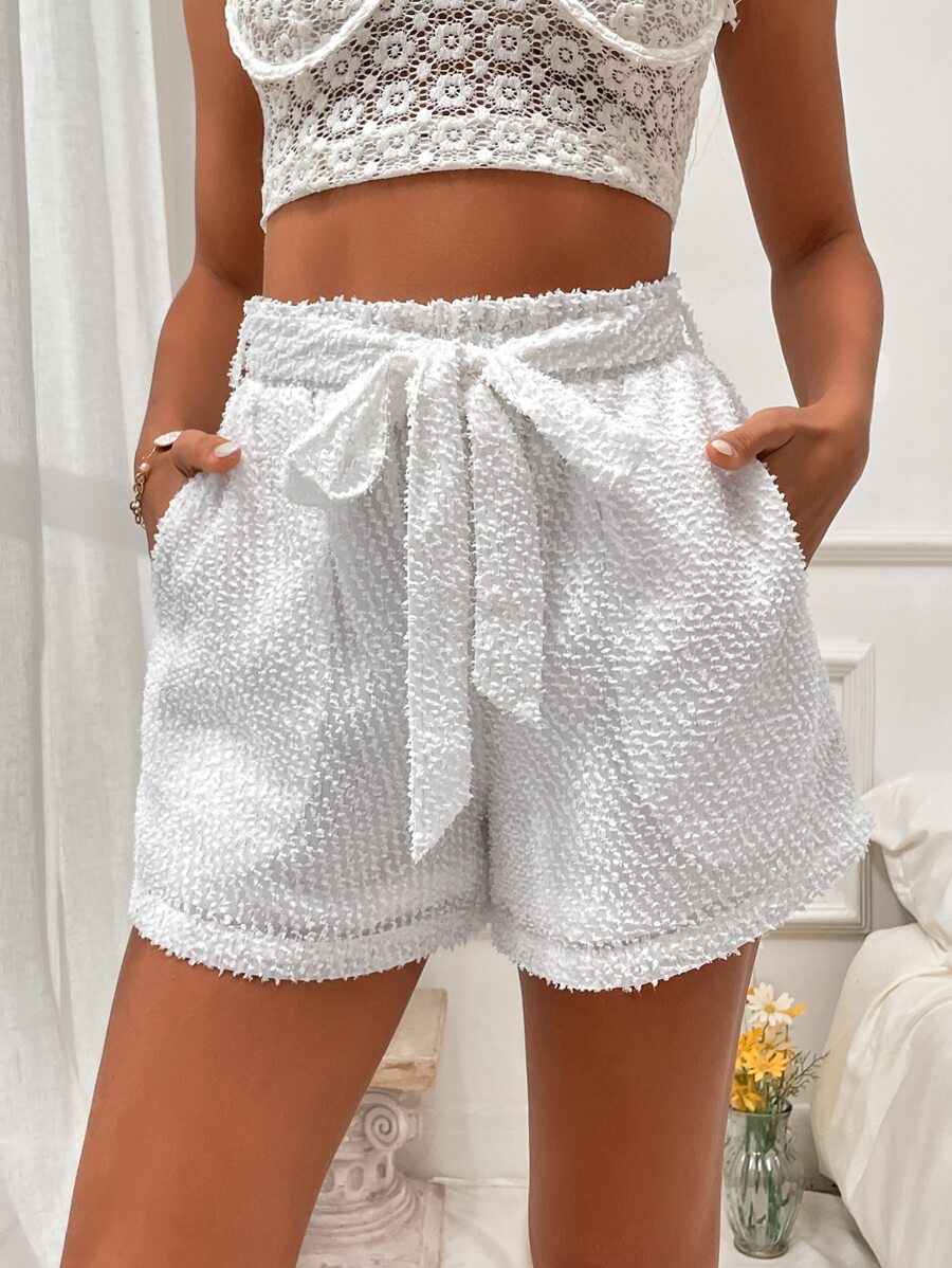 SHEIN VCAY Solid Belted Textured Shorts - White - View 1